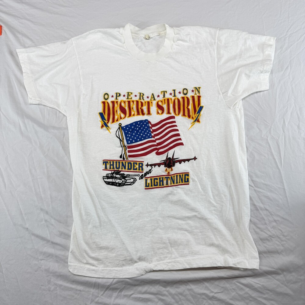Vintage Operation Desert Storm Shirt Mens XL White Thunder Lightning USA 90s